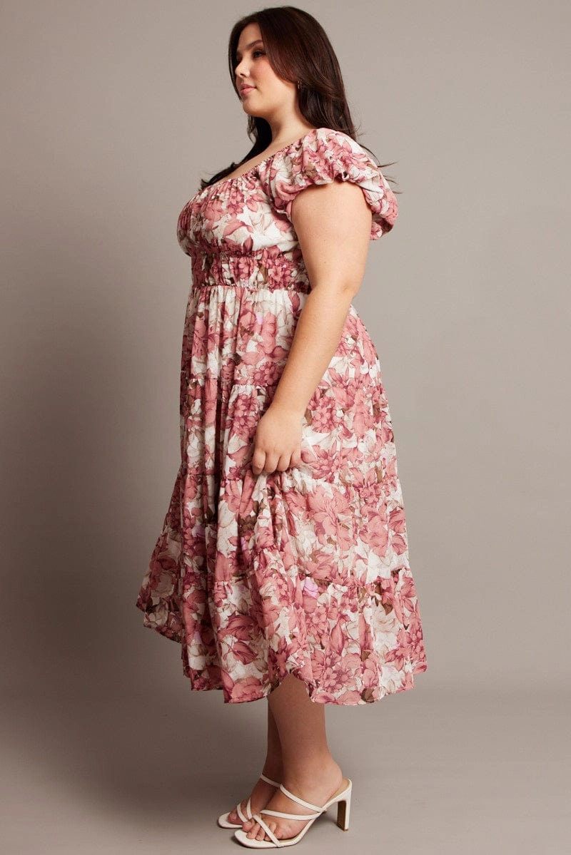 Pink Floral Midi Dress Short Sleeve Ruched Vintage feel spring outfit