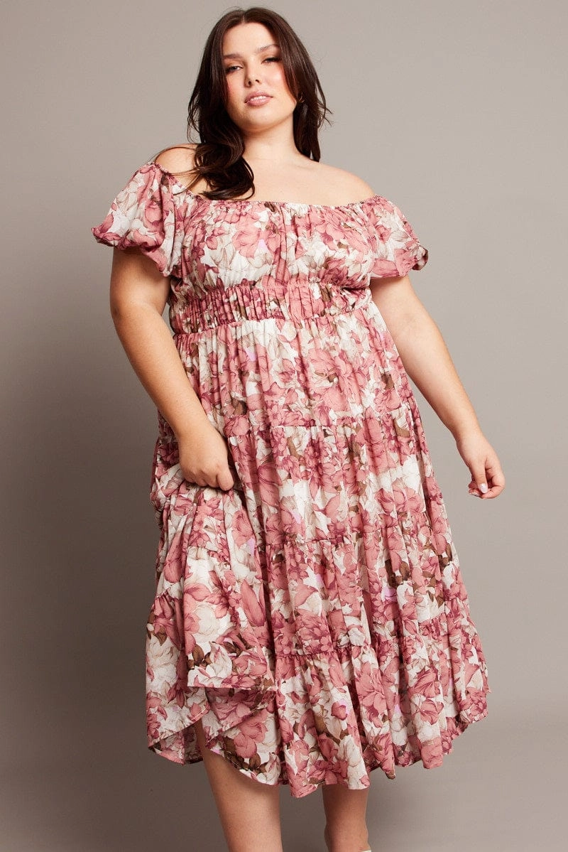 Pink Floral Midi Dress Short Sleeve Ruched Flexible Layers Subtle Glam