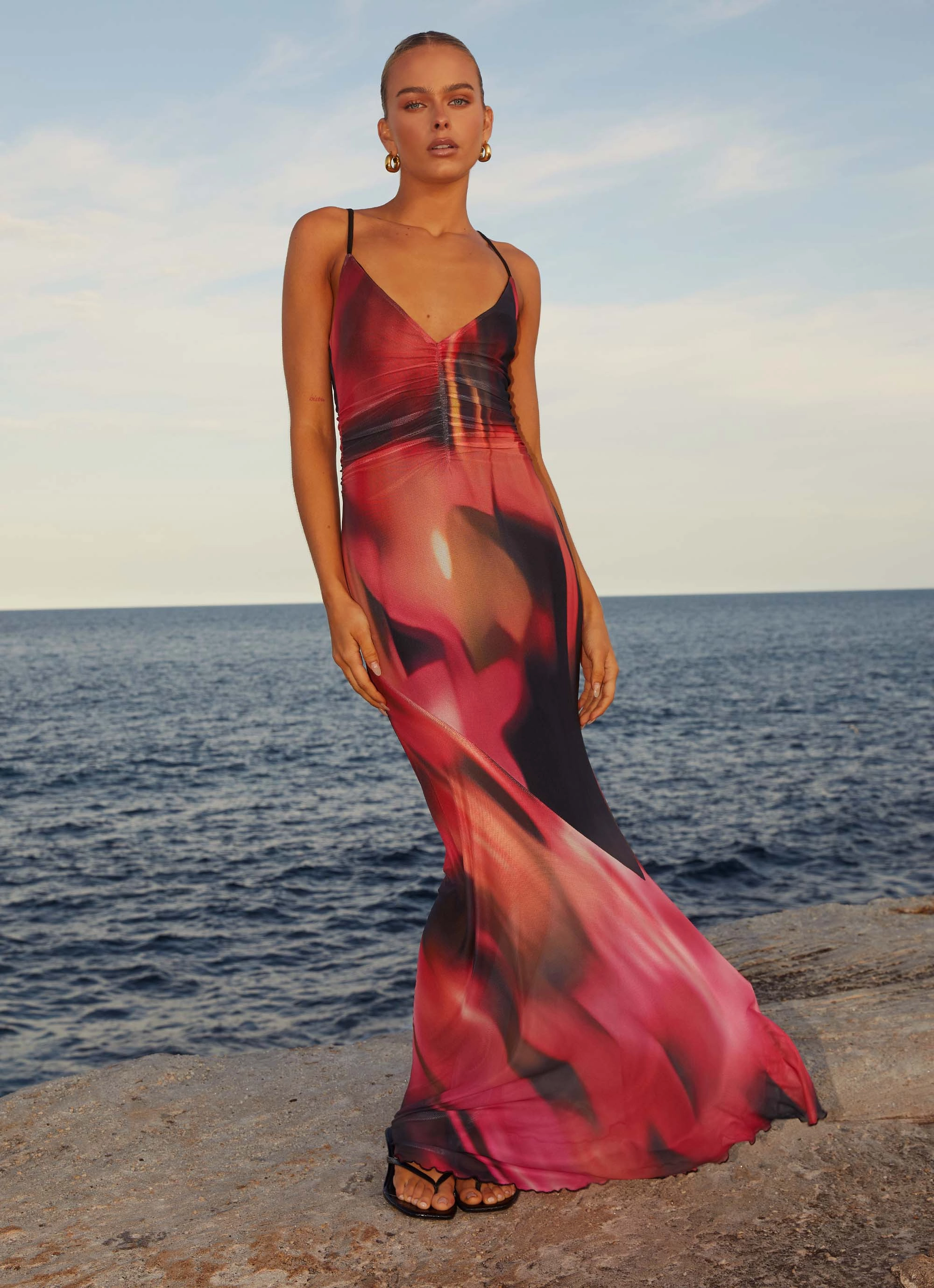 Raw-Hem Side Ruching Charley Maxi Dress - Pink Print