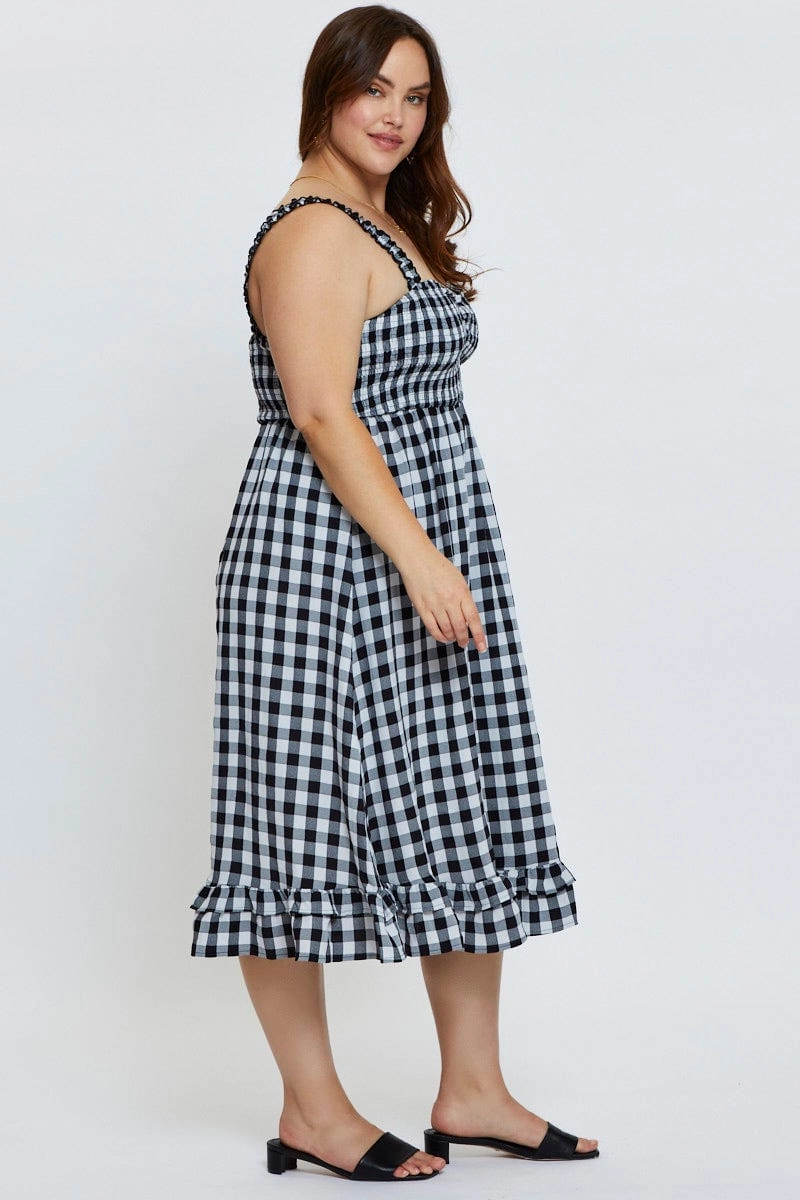 Check Midi Dress Square Neck Sleeveless Office Classic Holiday-Party