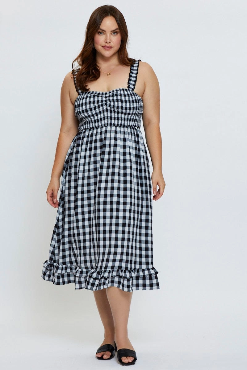 Check Midi Dress Square Neck Sleeveless Refined Mood