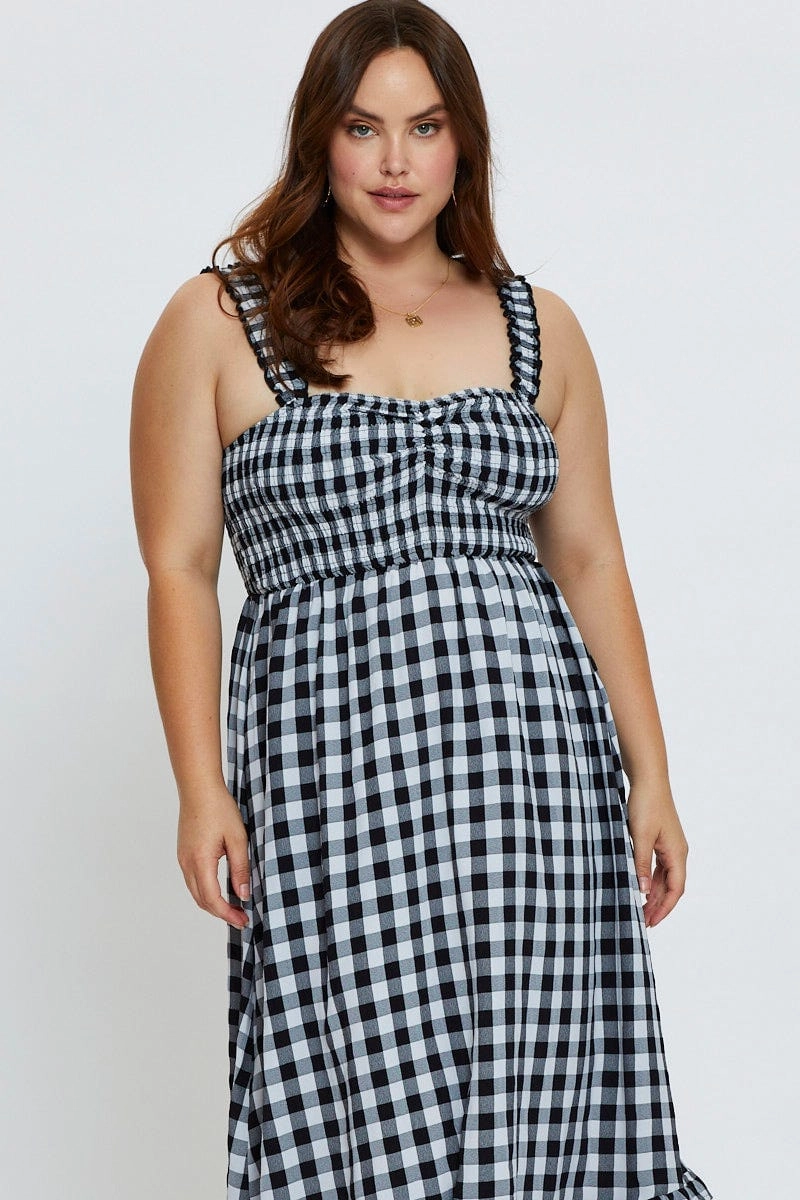 Bow-Detail Subtle Finish Check Midi Dress Square Neck Sleeveless