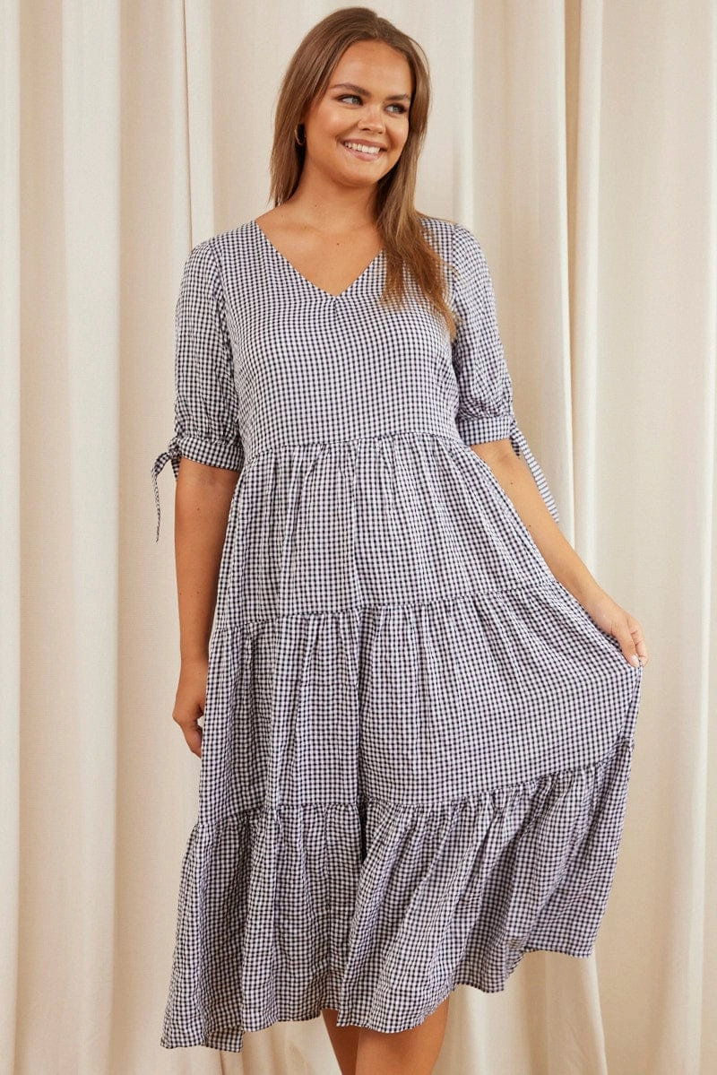 Fall Fashion Check Midi Dress V-neck Short Sleeve