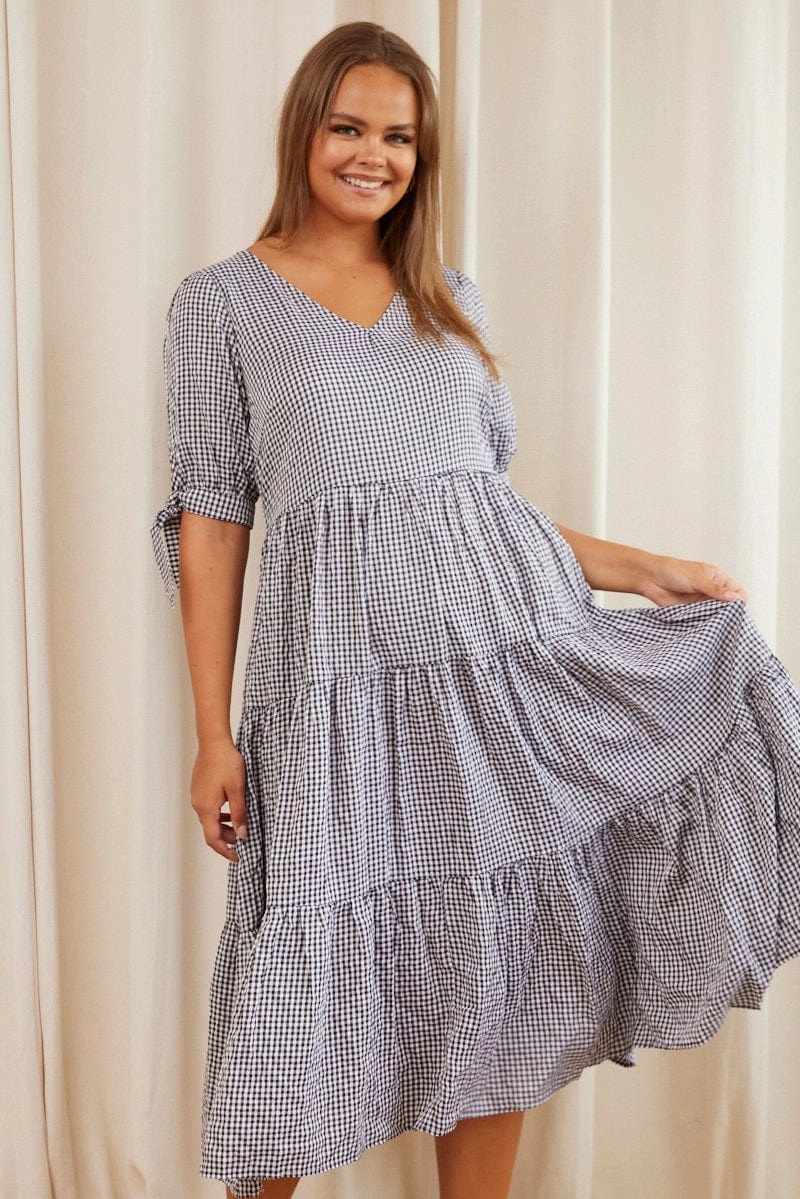 Calm Energy Check Midi Dress V-neck Short Sleeve