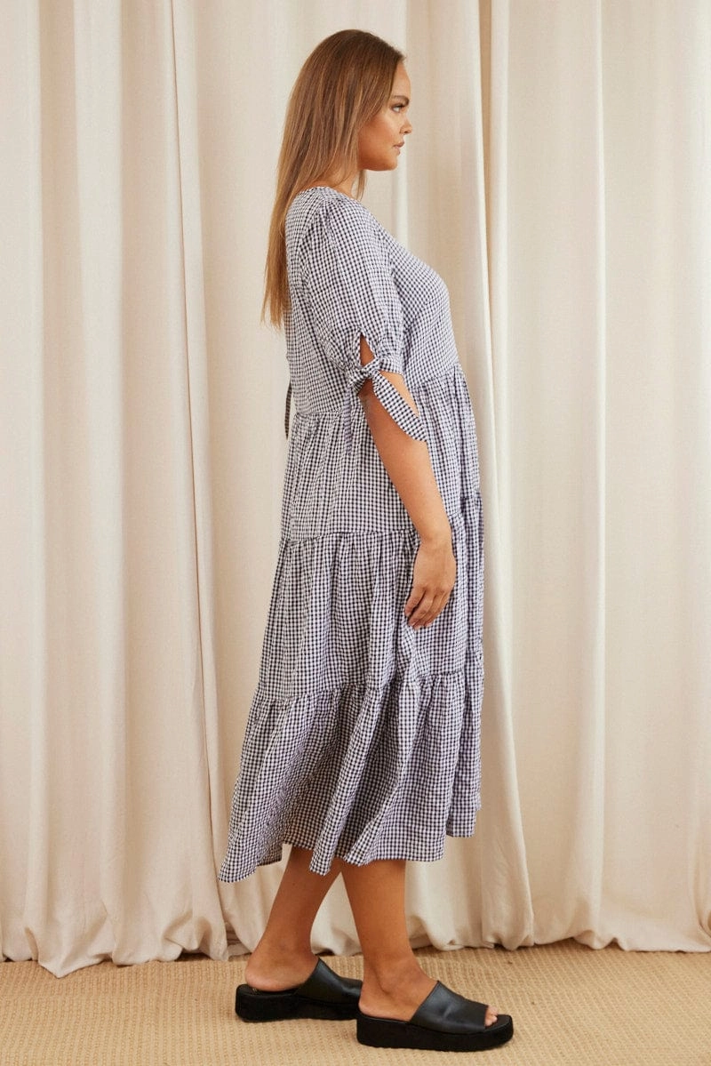 Light and Breezy Check Midi Dress V-neck Short Sleeve