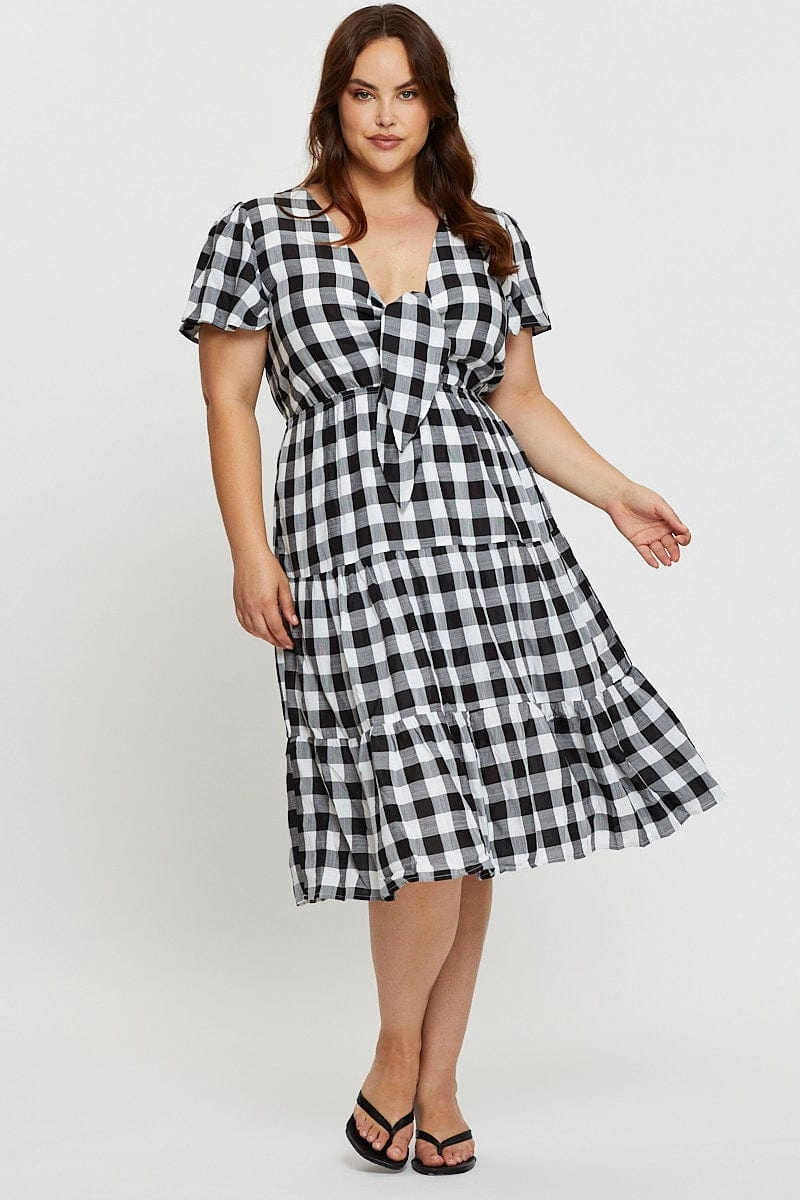 Check Midi Dress V-neck Short Sleeve Airy Silk Semi Fit