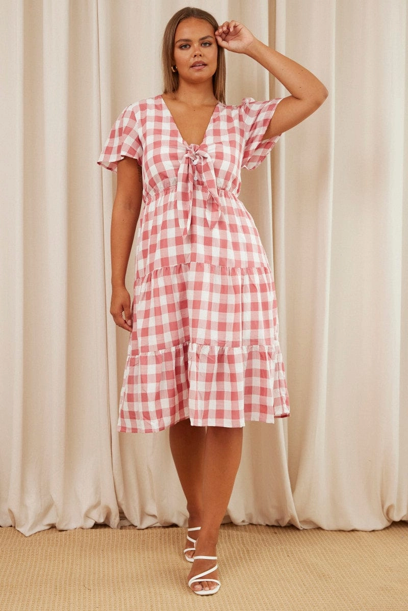 Smart Detail Check Midi Dress V-neck Short Sleeve