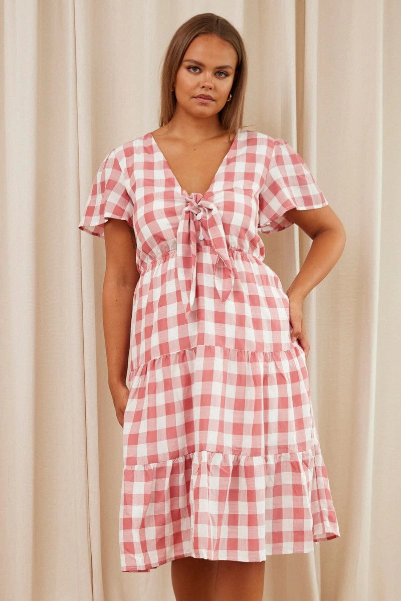 Effortless Fit Balanced Texture Check Midi Dress V-neck Short Sleeve