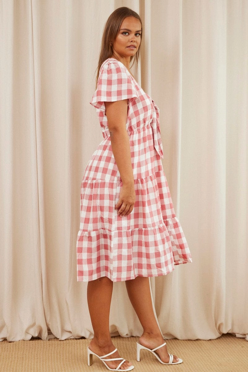 Fitted Design Sophisticated Appeal Check Midi Dress V-neck Short Sleeve