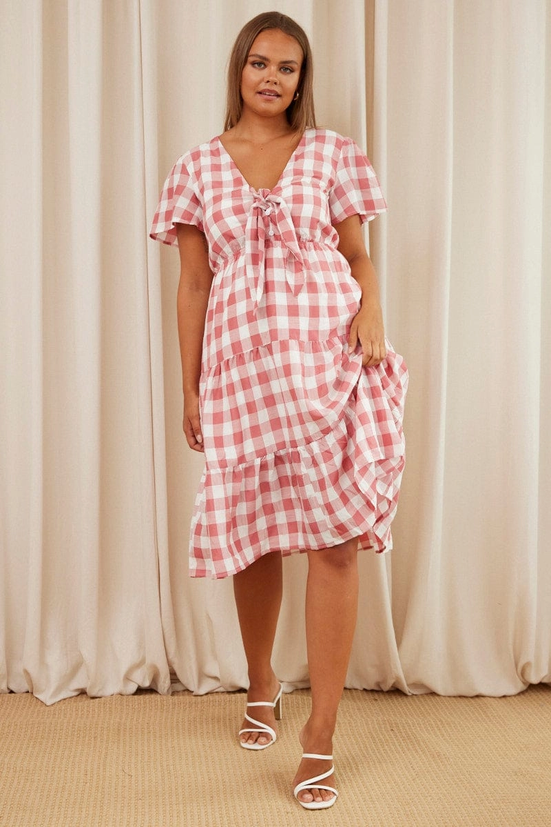 Artistic Vibe Street Mood Check Midi Dress V-neck Short Sleeve