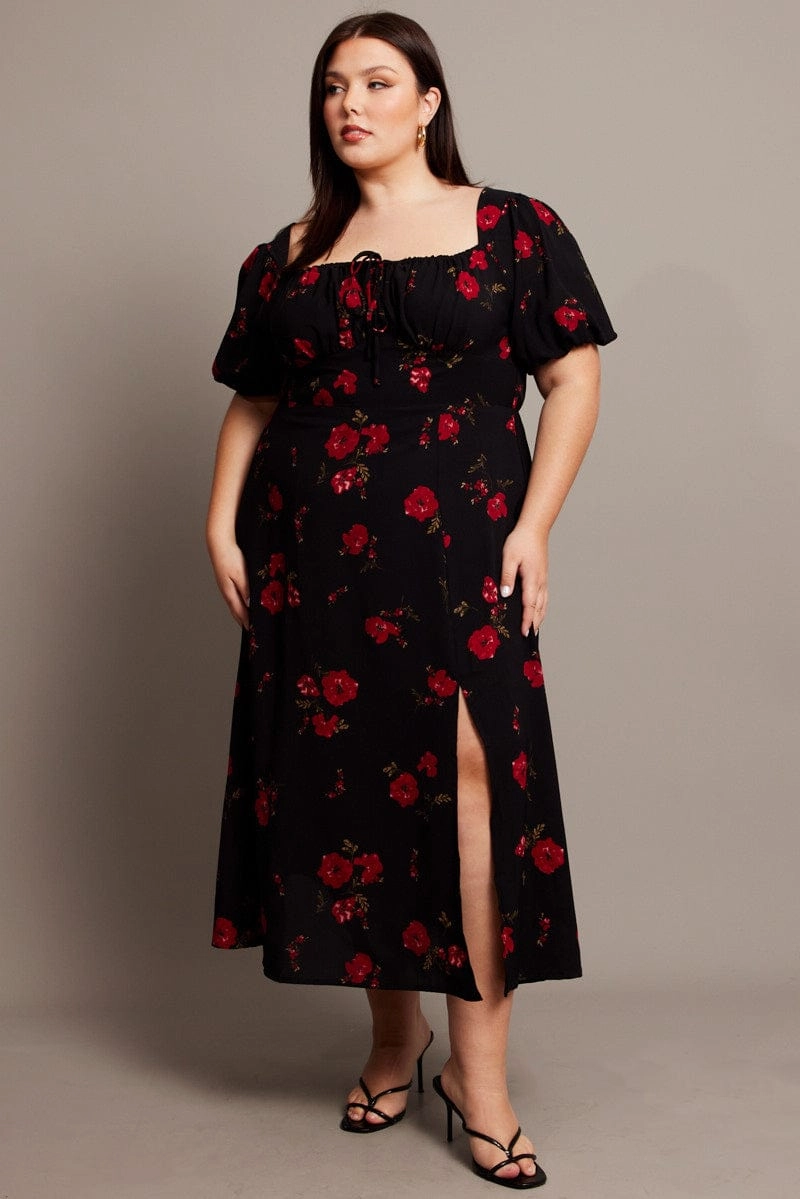 Black Ditsy Midi Dress Short Sleeve Ruched Bust City Ready