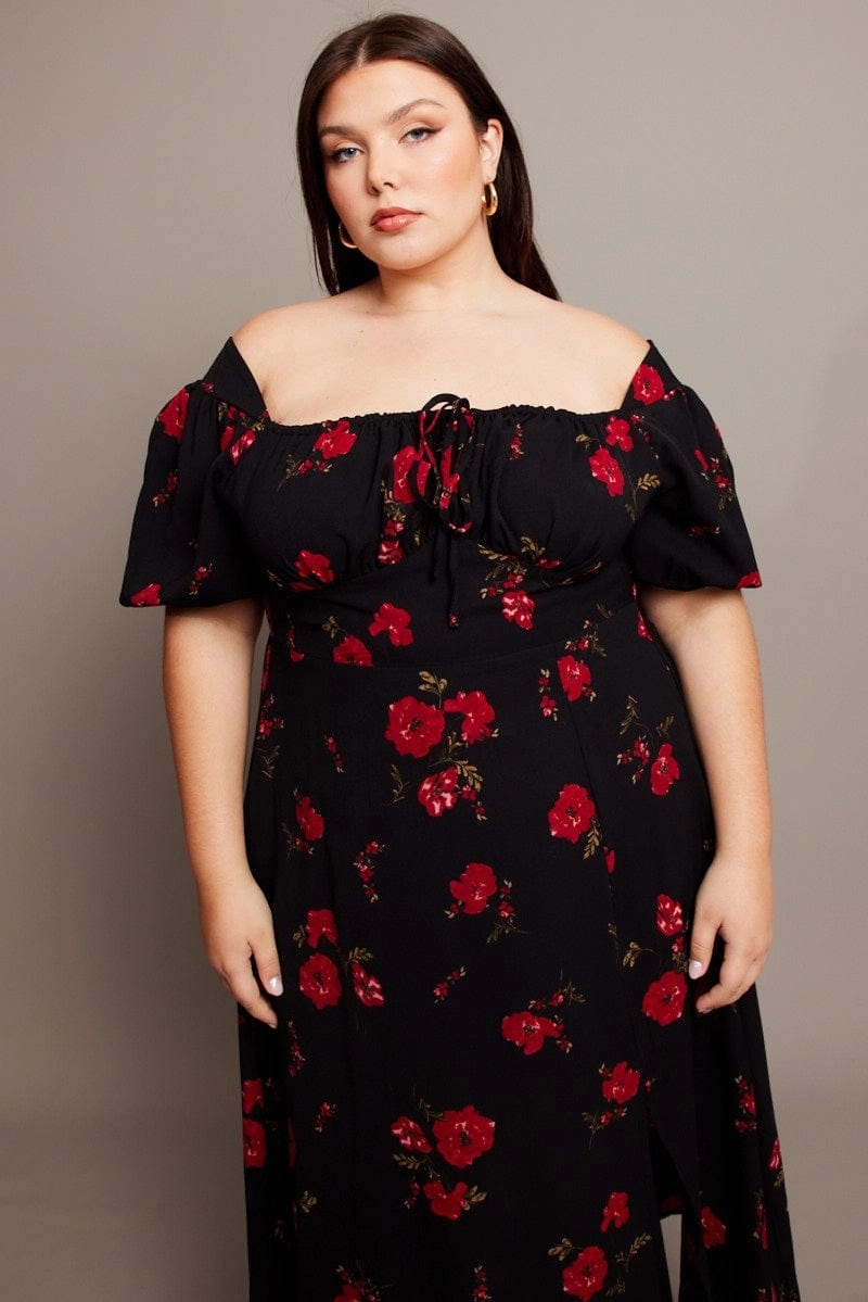 Black Ditsy Midi Dress Short Sleeve Ruched Bust Jewel Tones