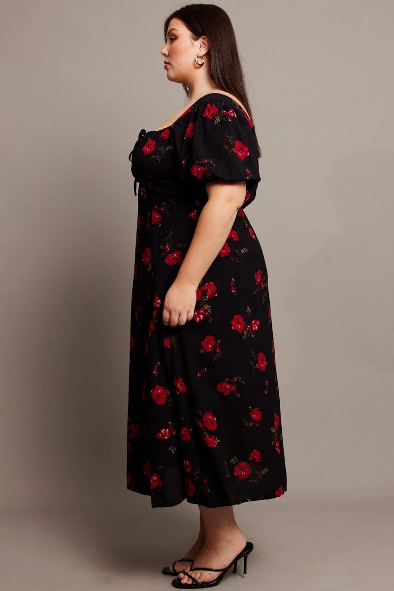 Black Ditsy Midi Dress Short Sleeve Ruched Bust Neutral Flow