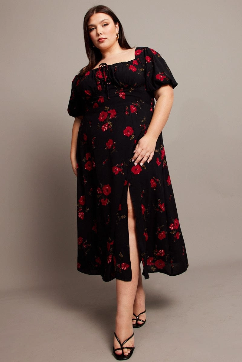 Multi Season Black Ditsy Midi Dress Short Sleeve Ruched Bust