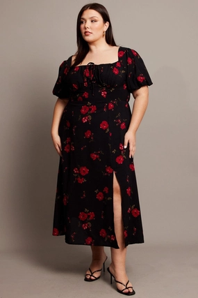 Black Ditsy Midi Dress Short Sleeve Ruched Bust City Ready