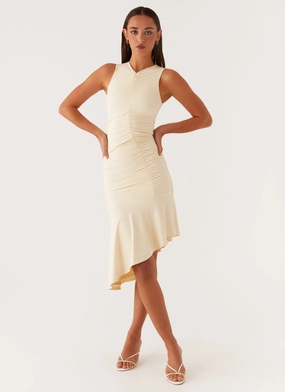 Niya Ruched Midi Dress - Pastel Yellow Flattering Silhouette Wear Simple Texture