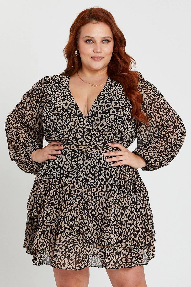 Flowy-Shape Animal Print Long Sleeve Frill Hem Leopard Skater Dress