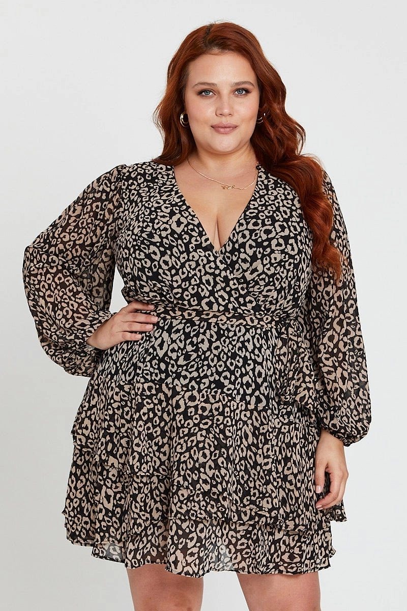 Animal Print Long Sleeve Frill Hem Leopard Skater Dress Vintage-Inspired