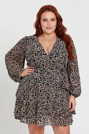 Animal Print Long Sleeve Frill Hem Leopard Skater Dress Vintage-Inspired