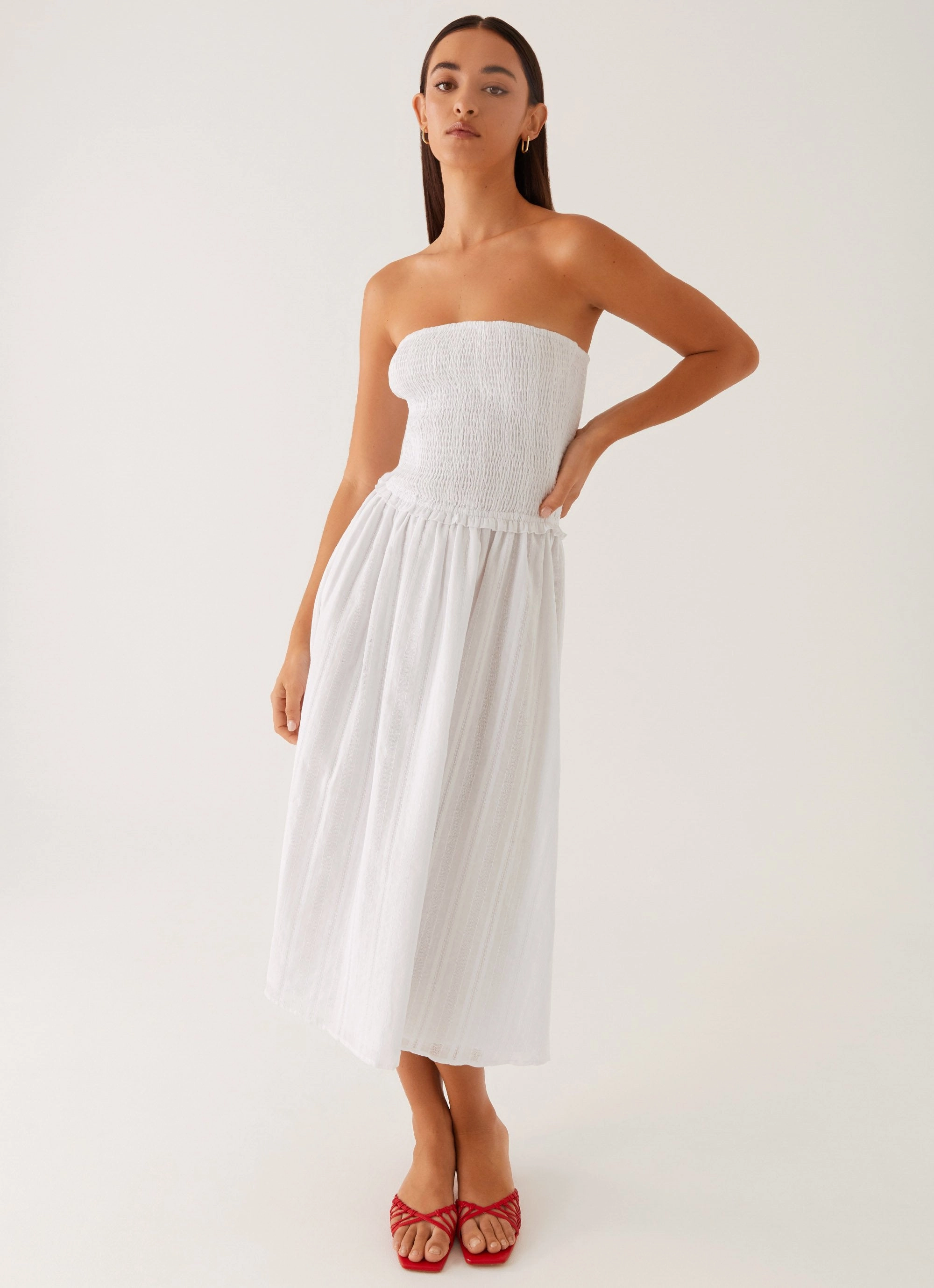confident look Gathered-Detail Lulie Shirres Midi Dress - Ivory