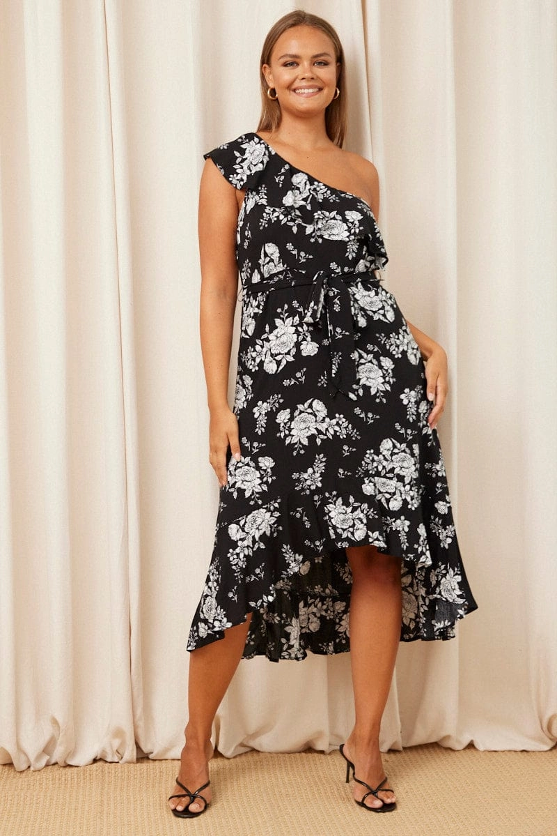 Chic Look Trop Print Midi Dress One Shoulder Sleeveless