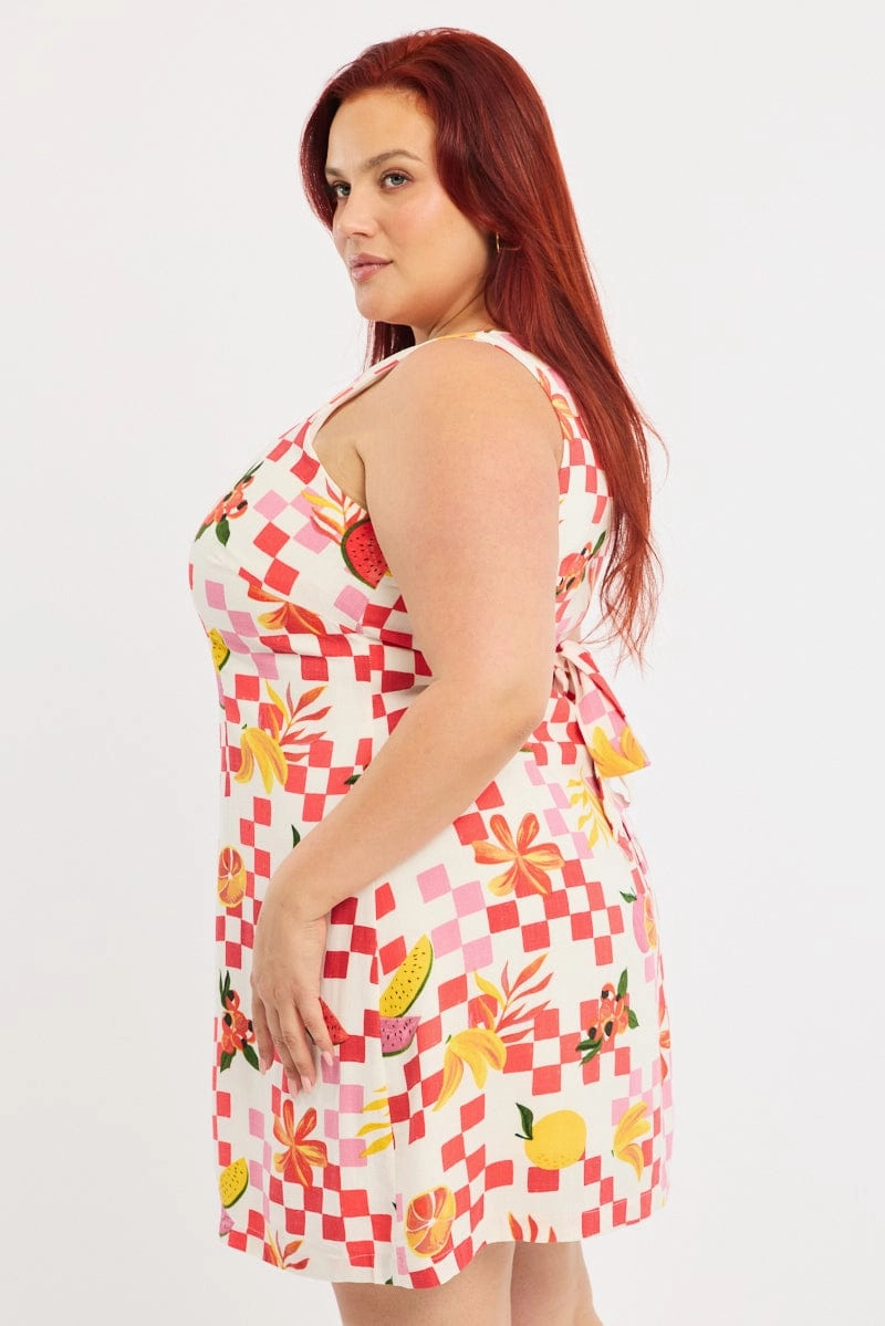 Orange Abstract Mini Dress Sleeveless Linen Blend Wardrobe-Staple