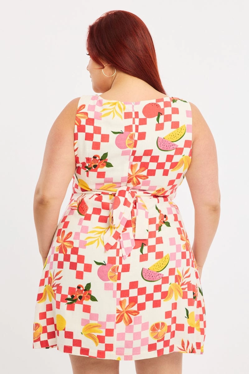 Orange Abstract Mini Dress Sleeveless Linen Blend Water-Repellent-Finish Mid layer