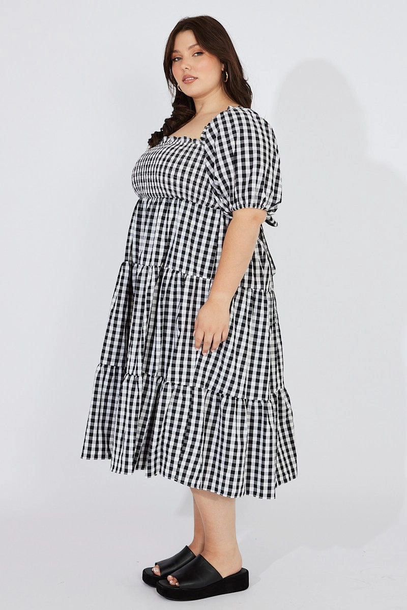 Black Check Midi Dress Short Sleeve Shirred Tie Back MoldResistantTexture