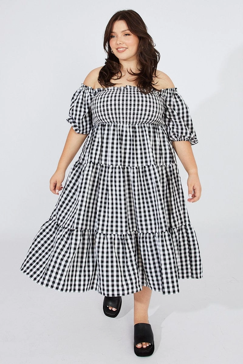 Black Check Midi Dress Short Sleeve Shirred Tie Back Self Power