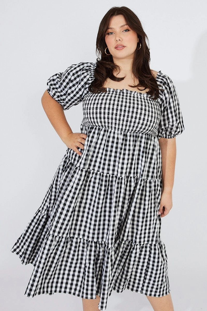 Black Check Midi Dress Short Sleeve Shirred Tie Back Petal Zone Elegant knee-length dress