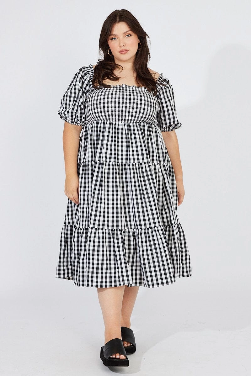 Black Check Midi Dress Short Sleeve Shirred Tie Back Season Ready Winter Classic
