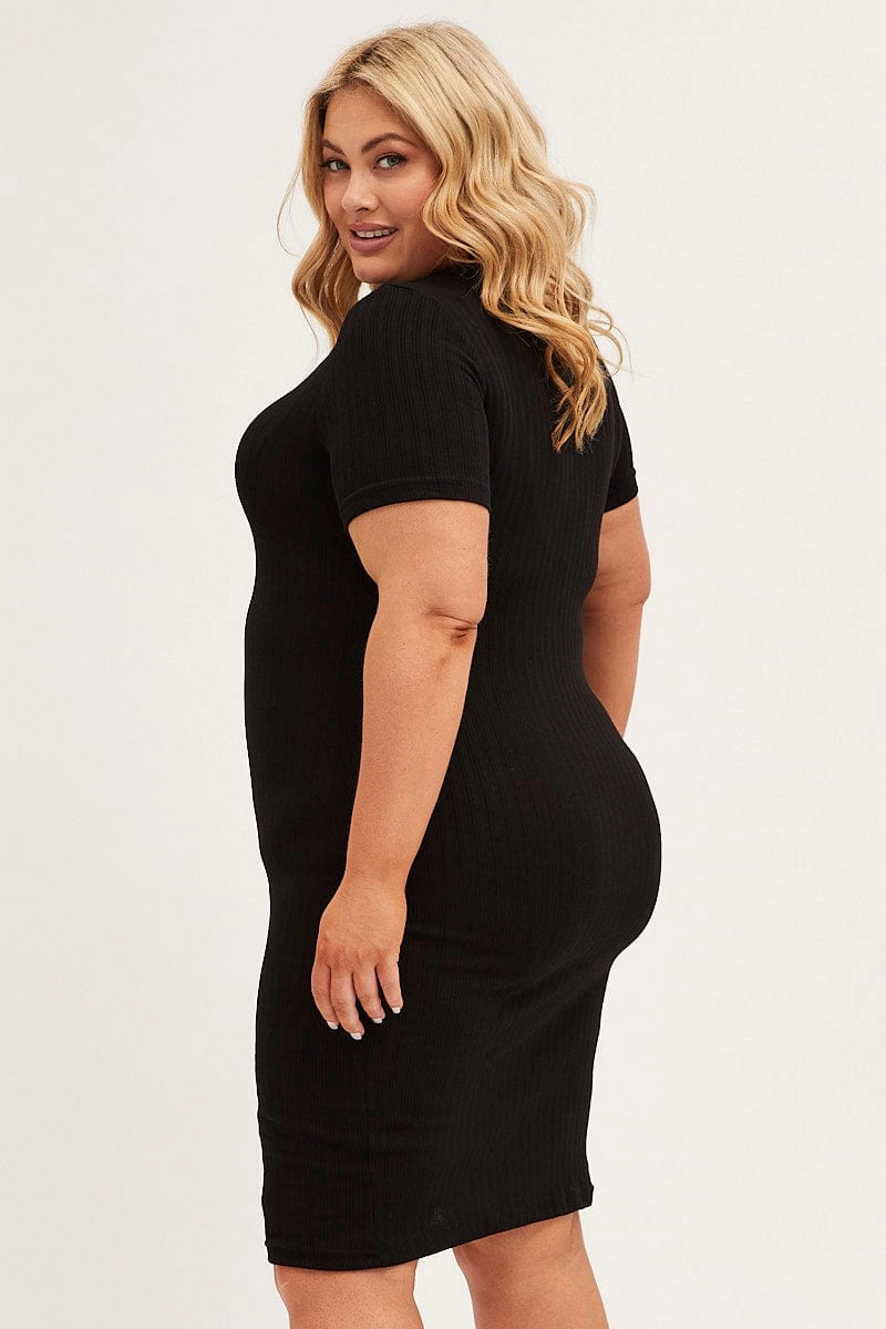 Formal Occasion Fresh Palette Black Midi Dress Short Sleeve Rib Jersey Bodycon