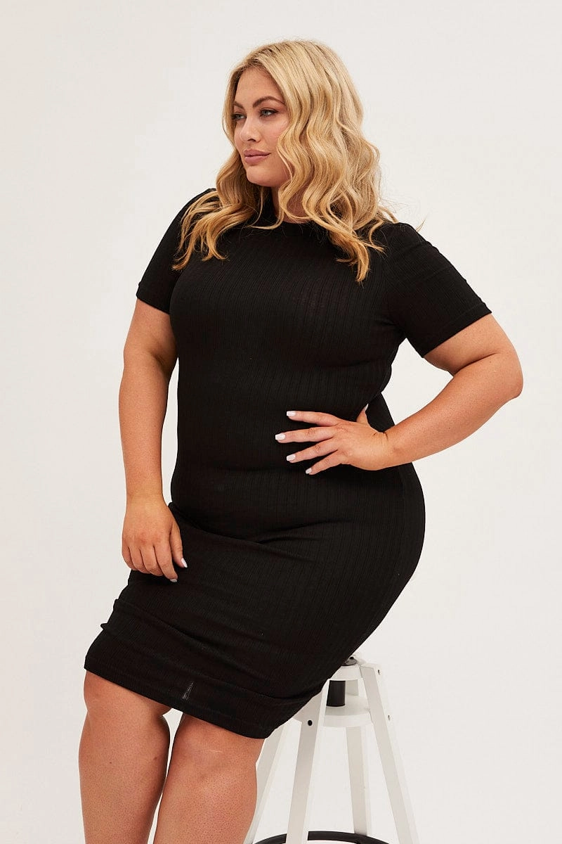 Black Midi Dress Short Sleeve Rib Jersey Bodycon animal-print Lightweight Layer