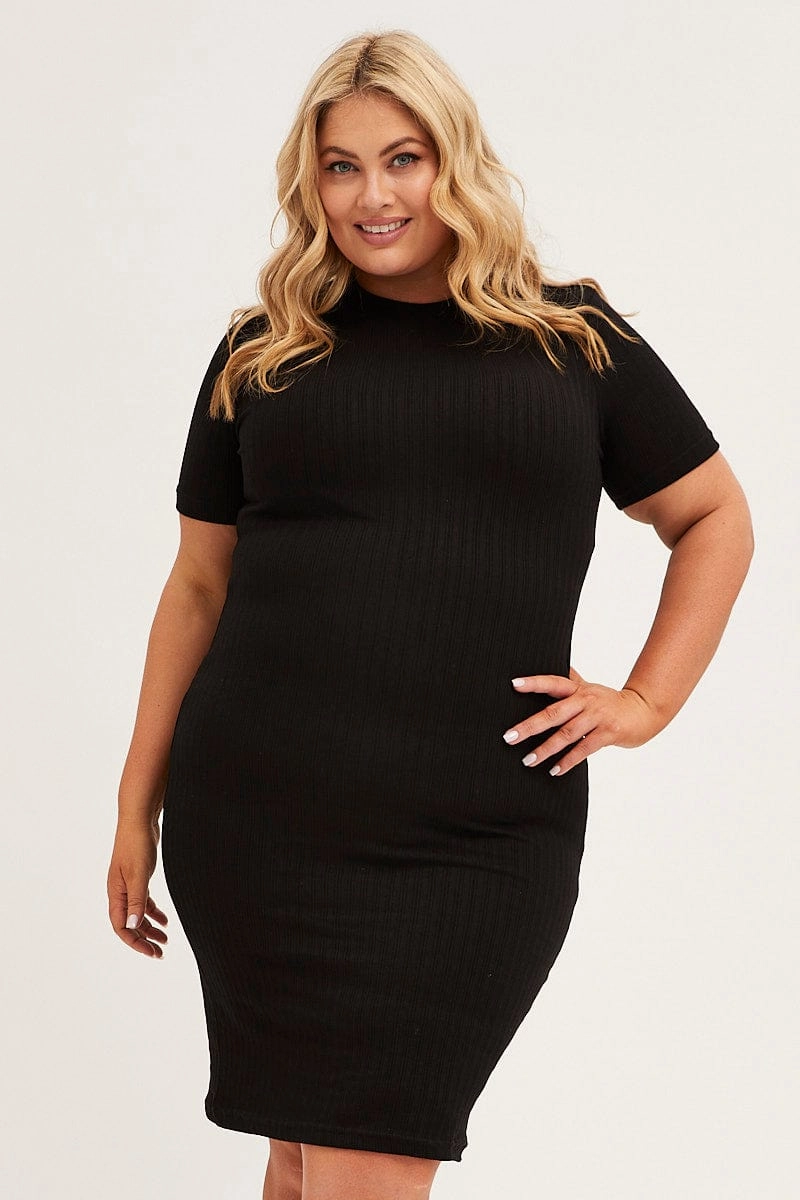 Black Midi Dress Short Sleeve Rib Jersey Bodycon Sustainable-Lining
