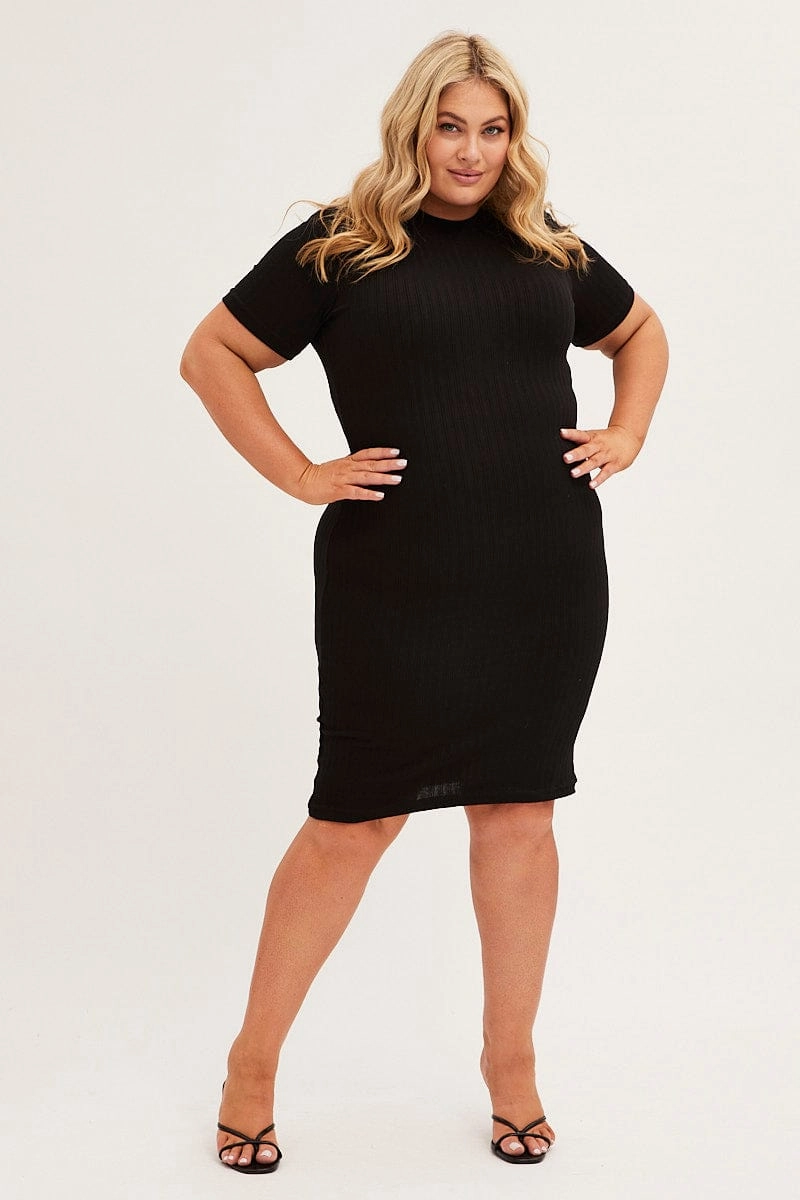 polka-dot Black Midi Dress Short Sleeve Rib Jersey Bodycon