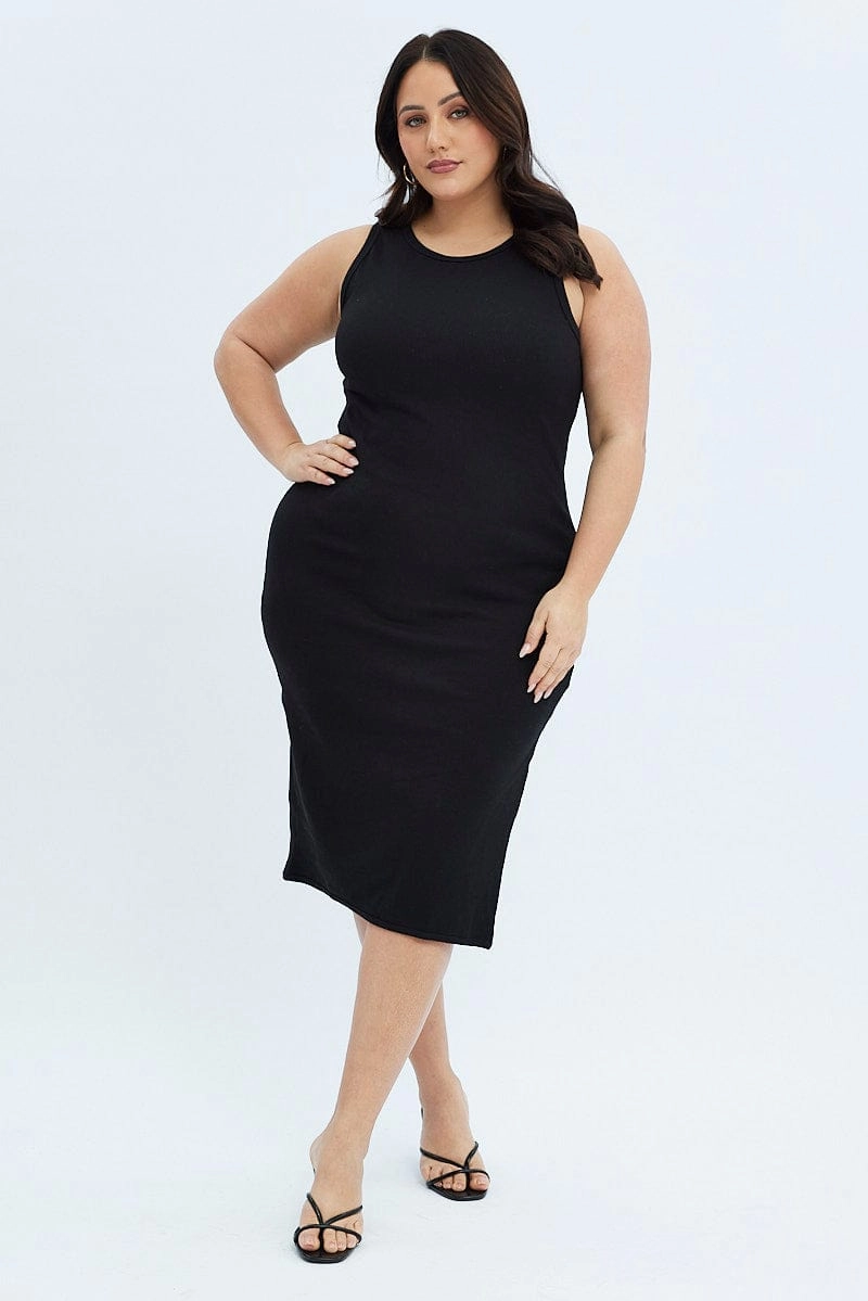 Daily Ready Soft Colorway Black Midi Dress Rib Jersey Fitted Sleeveless