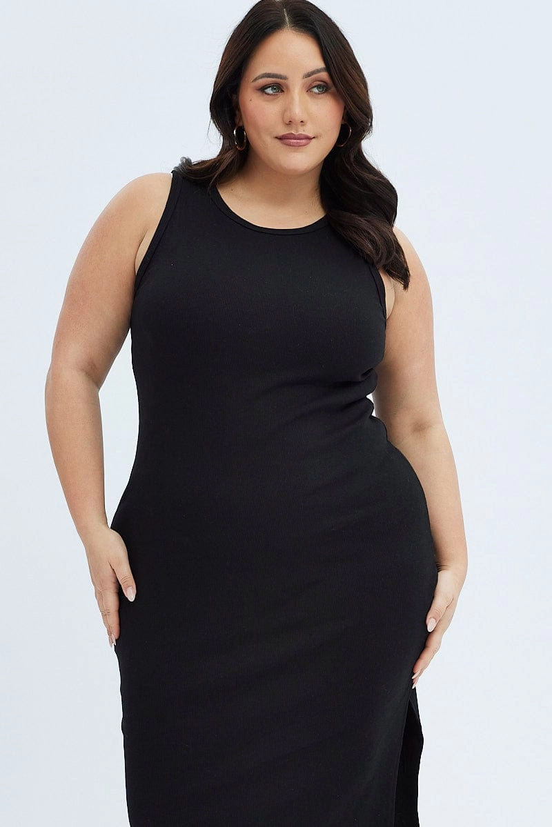 Black Midi Dress Rib Jersey Fitted Sleeveless Dress-Up Style Water-resistant
