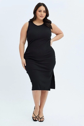 Peace Glow Mood Glow Black Midi Dress Rib Jersey Fitted Sleeveless