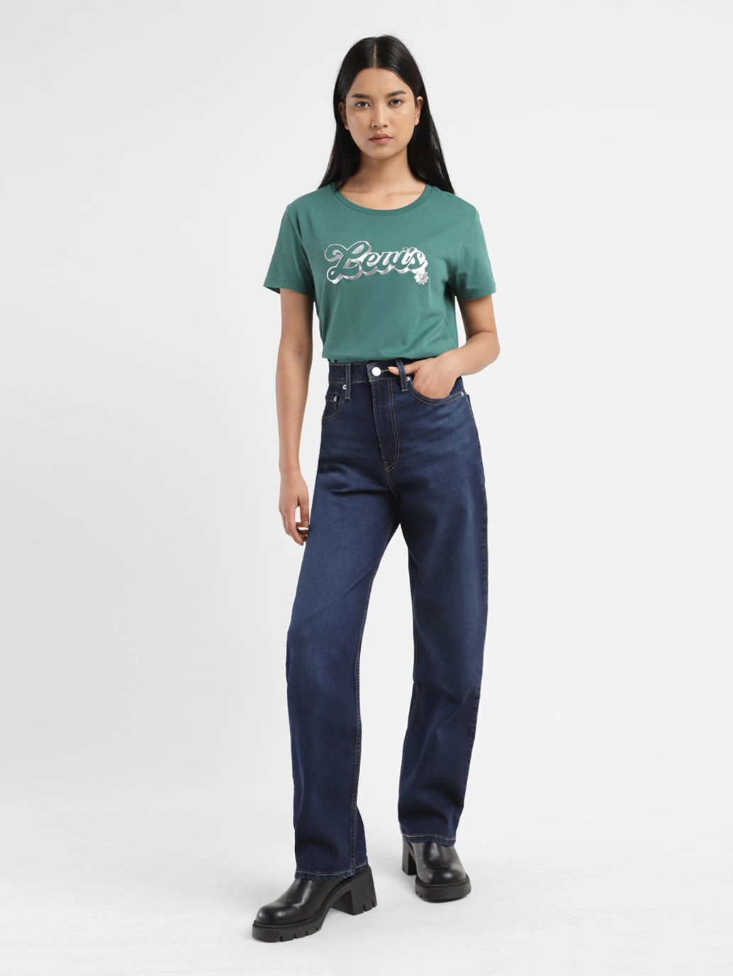 Women's Blue Ribcage Straight Fit High Rise Jeans Youth Style Student Outfit