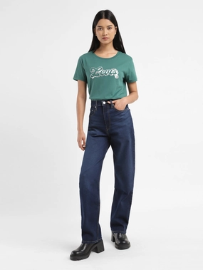 Women's Blue Ribcage Straight Fit High Rise Jeans Youth Style Student Outfit