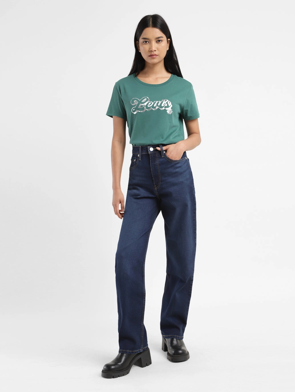 Women's Blue Ribcage Straight Fit High Rise Jeans Effortless casual Night Out Bold Look