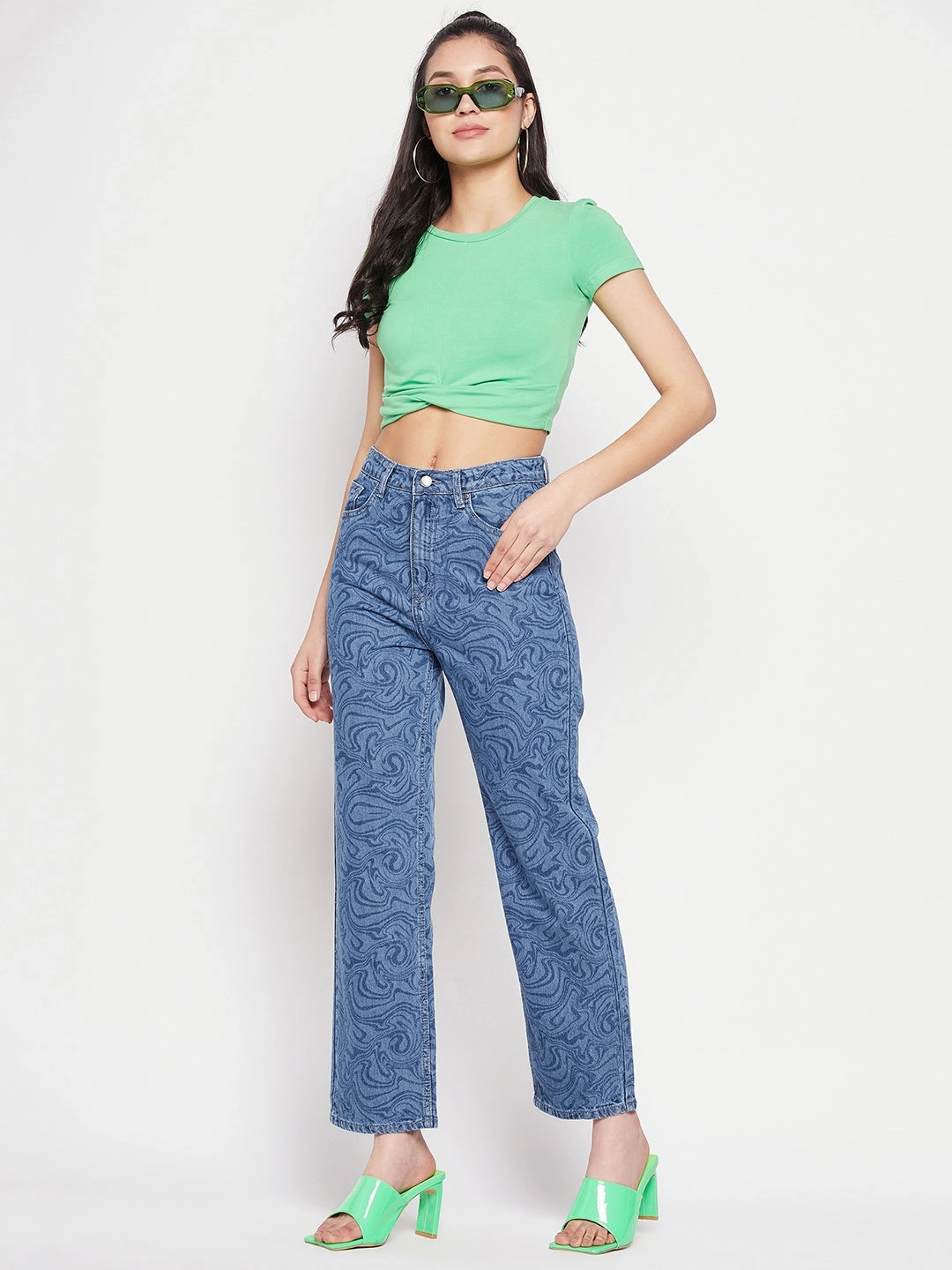 Madame Blue Printed Denim Tailored Comfort Compact Weave Technology
