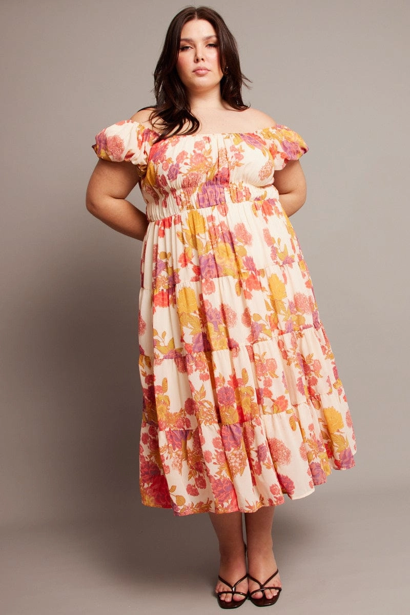 Pink Floral Midi Dress Short Sleeve Ruched Happy Soul All Layer