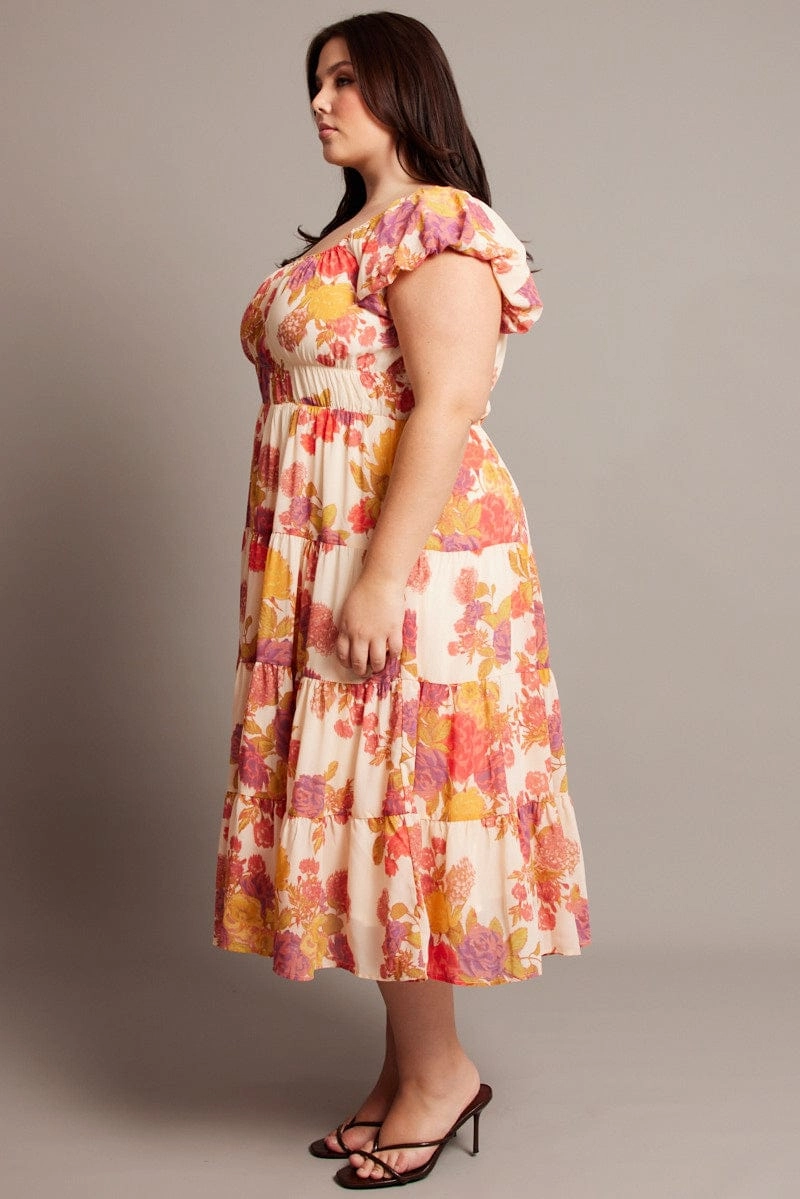 Pink Floral Midi Dress Short Sleeve Ruched Relaxed Mood