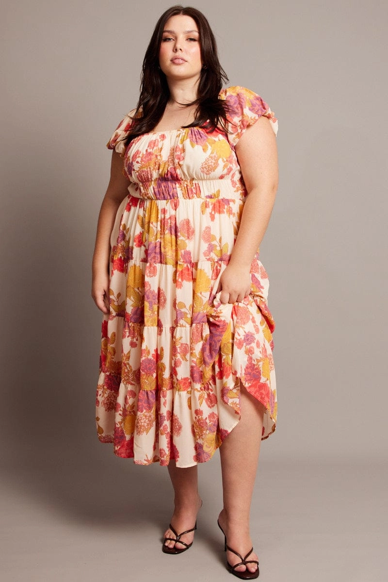 Pink Floral Midi Dress Short Sleeve Ruched Summer Wardrobe Minimalist feel