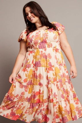 Pink Floral Midi Dress Short Sleeve Ruched All-Purpose Wear