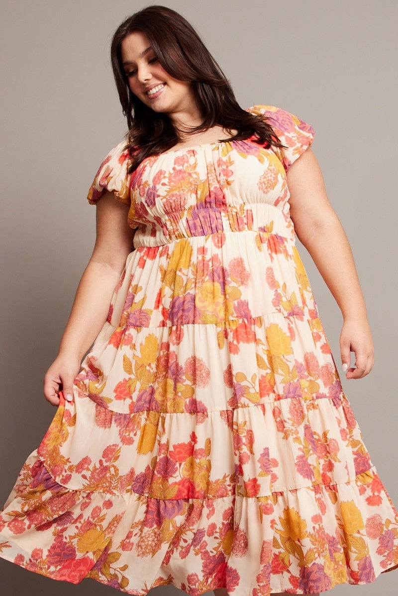 Pink Floral Midi Dress Short Sleeve Ruched All-Purpose Wear