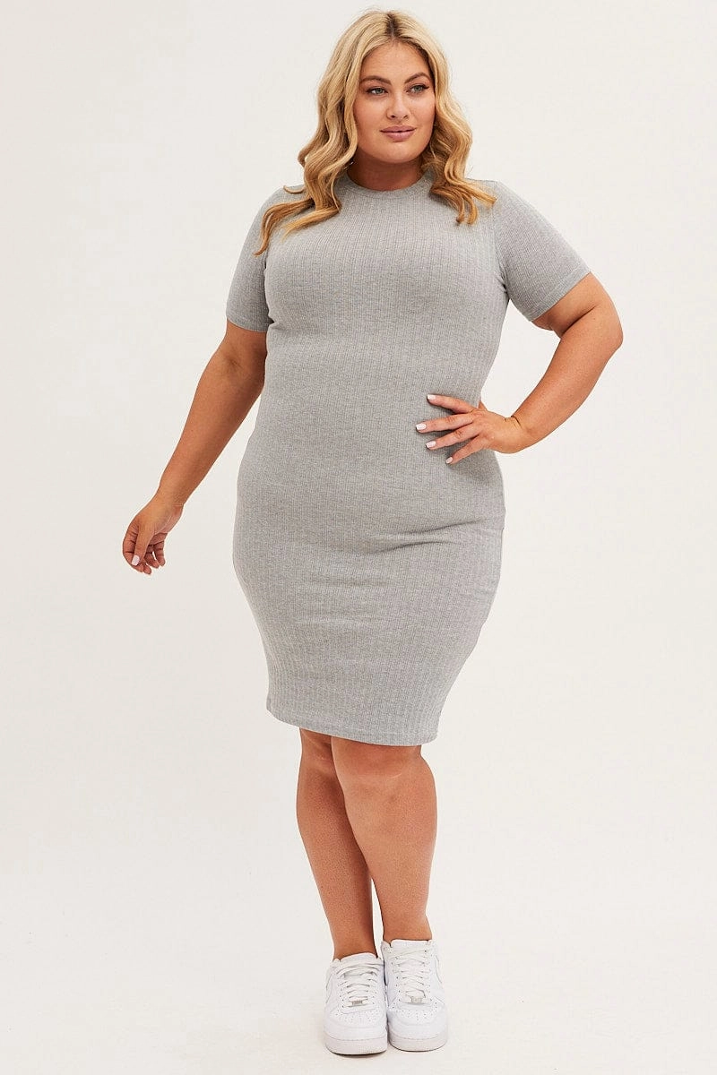 Grey Midi Dress Short Sleeve Rib Jersey Bodycon Work-to-Play Wear