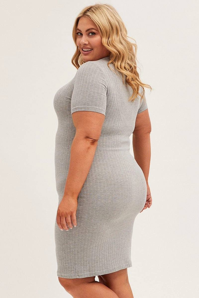 Grey Midi Dress Short Sleeve Rib Jersey Bodycon Chill Style