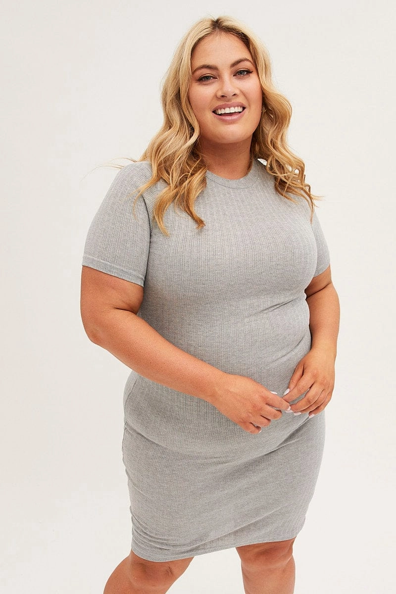 Quick Elegance Grey Midi Dress Short Sleeve Rib Jersey Bodycon